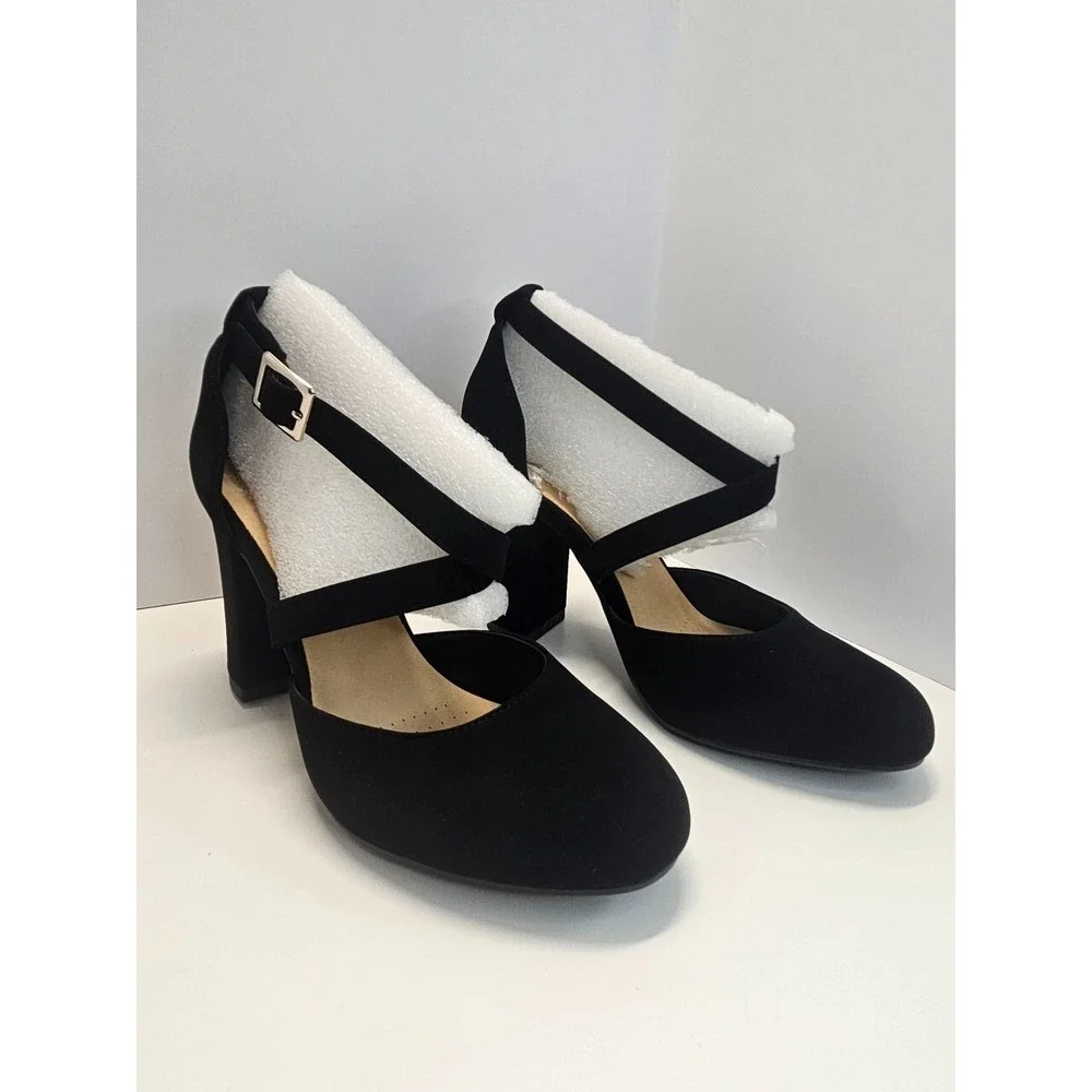 Pumps Chunky Heels Black Nubuck Suede Ankle Strappy With Buckle Women Size‎ 5.5
